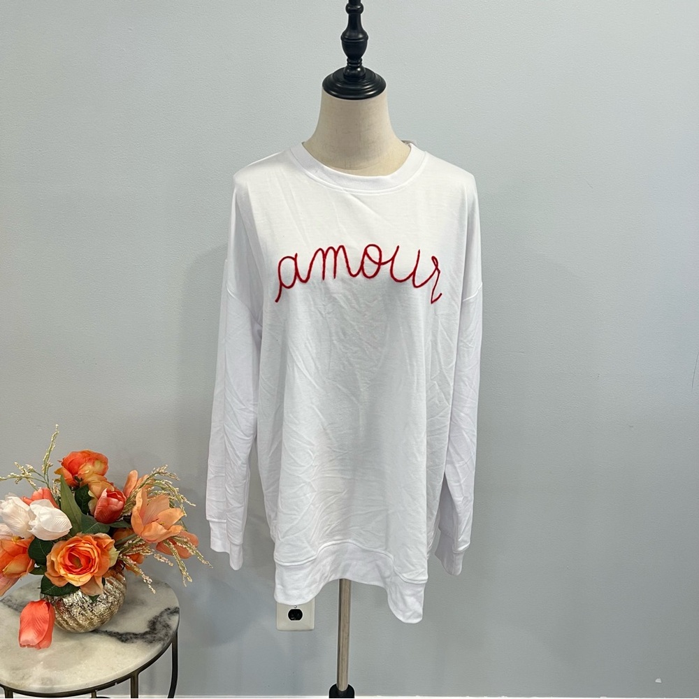 Workshop Republic Clothing White Long Sleeves Top Wirh Red “Amour” Embroidery